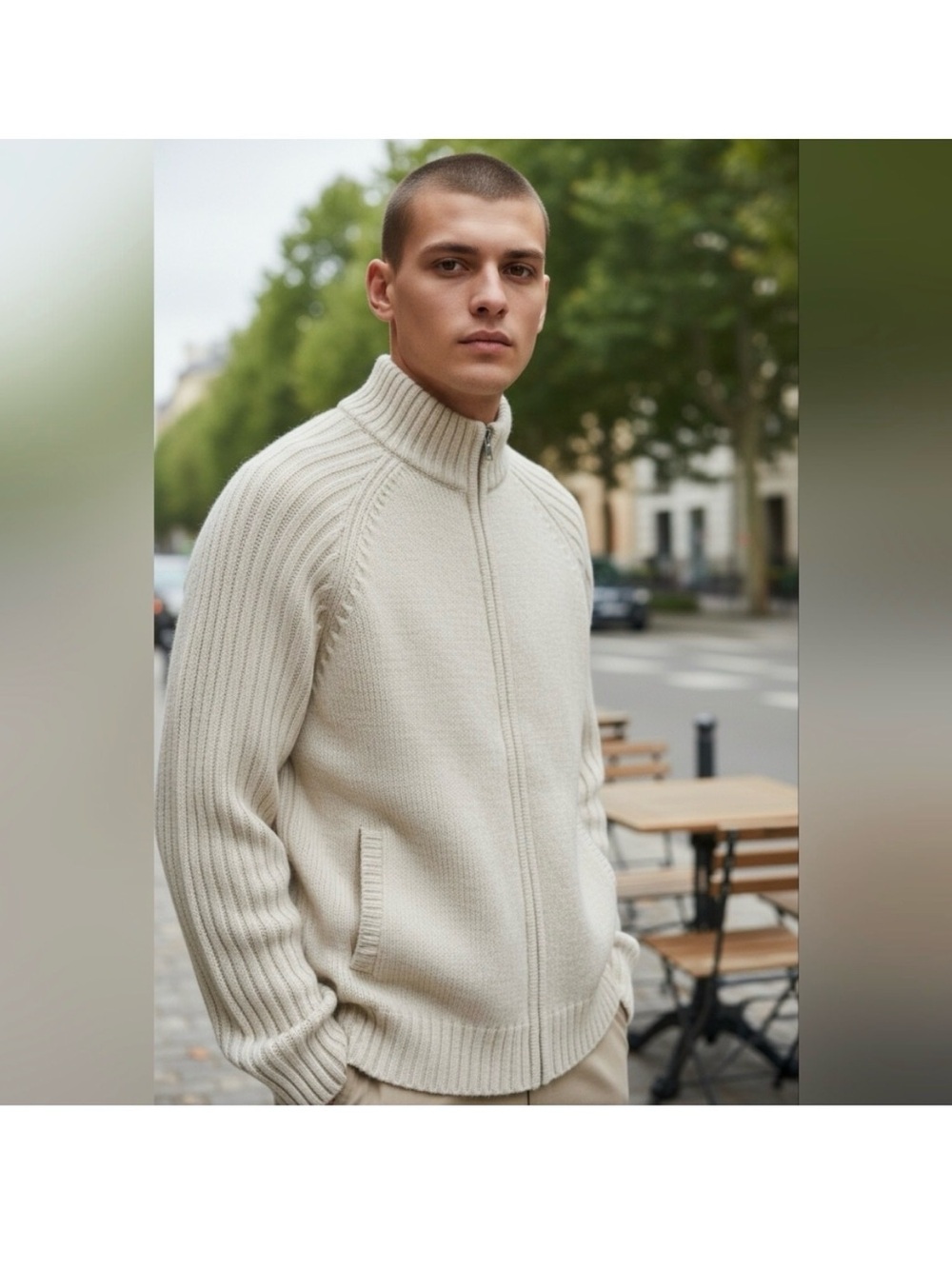 Lanesboro Men's  Large Zip-Up Sweater - Cream wool blend preppy